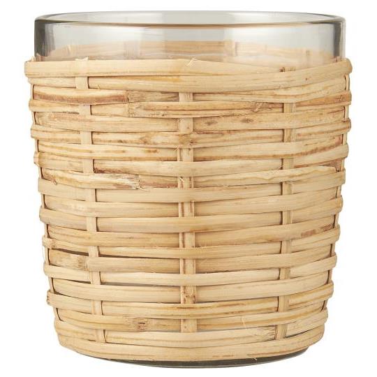 Fyrfadsstage i glas med rattanflet H10 Ø9 cm