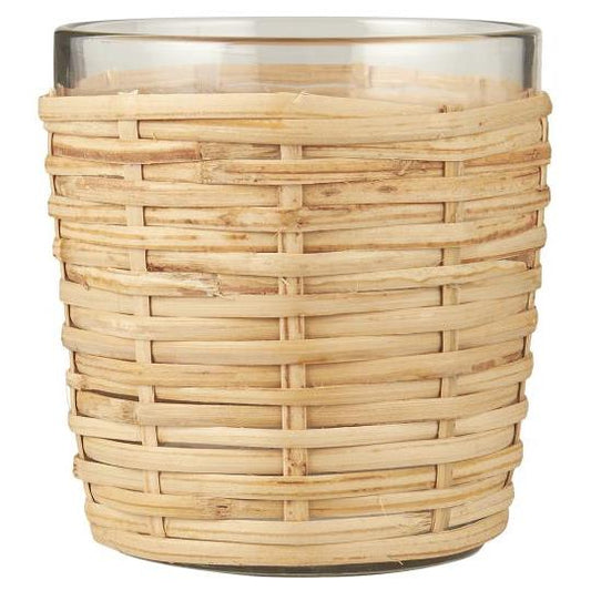 Fyrfadsstage i glas med rattanflet H10 Ø9 cm