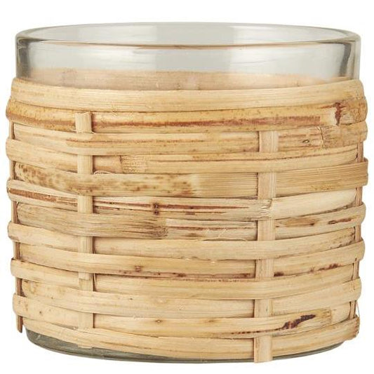 Fyrfadsstage i glas med rattanflet H6,3 Ø7 cm